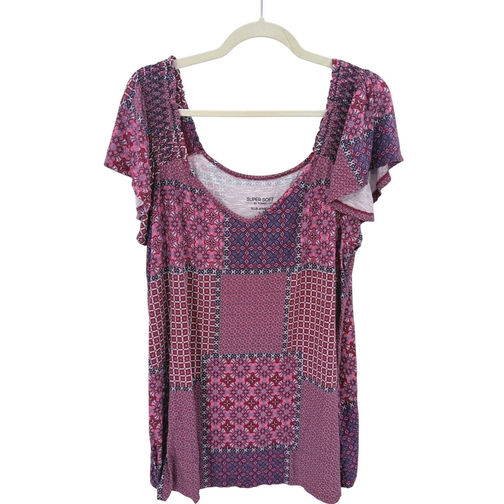 Torrid Super Soft Slub Jersey Patchwork Flutter Sleeve Smocked Top Berry Plus 3
